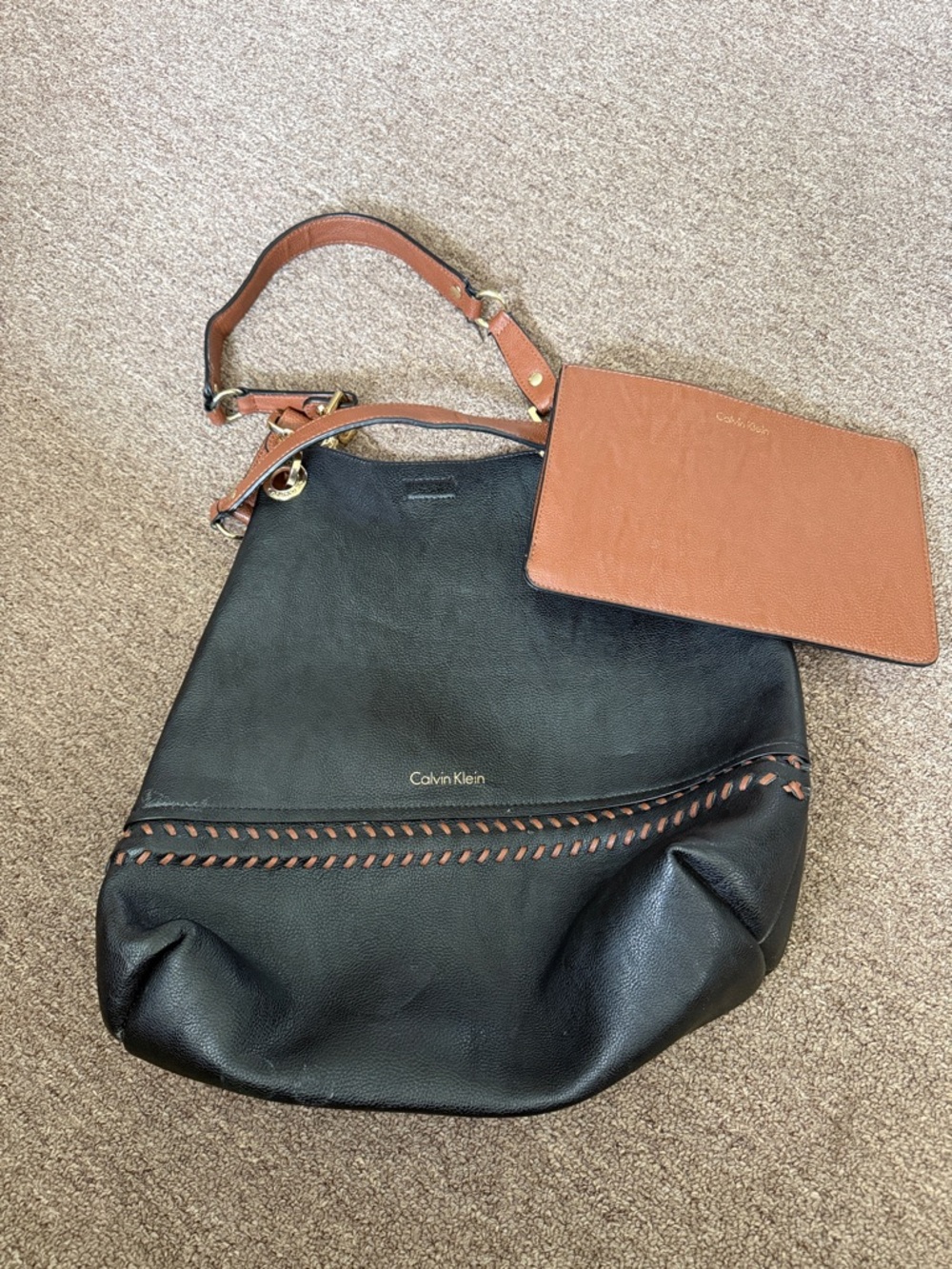 Calvin Klein Black Shoulder Tote with Brown Wristlet